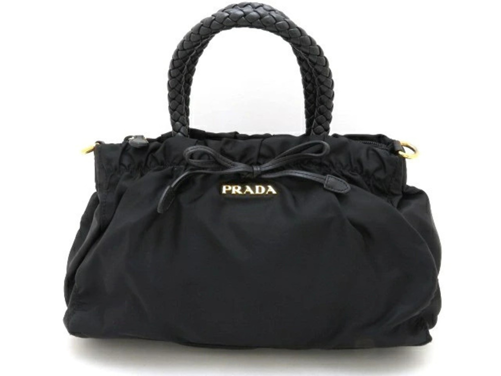 Prada Tessuto Bow Shoulder Bag Handbag Calfskin Black